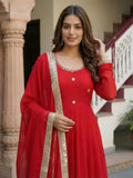 Grand Red Coding Embroidered Georgette Wedding Wear Gown With Dupatta