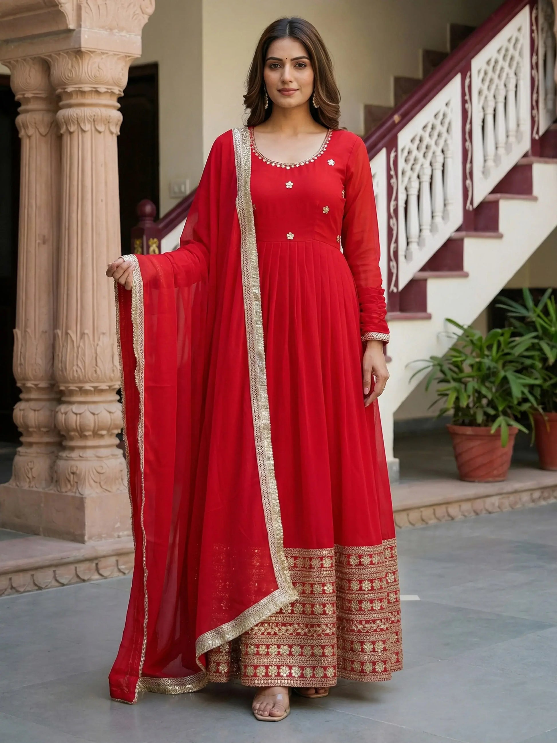 Grand Red Coding Embroidered Georgette Wedding Wear Gown With Dupatta