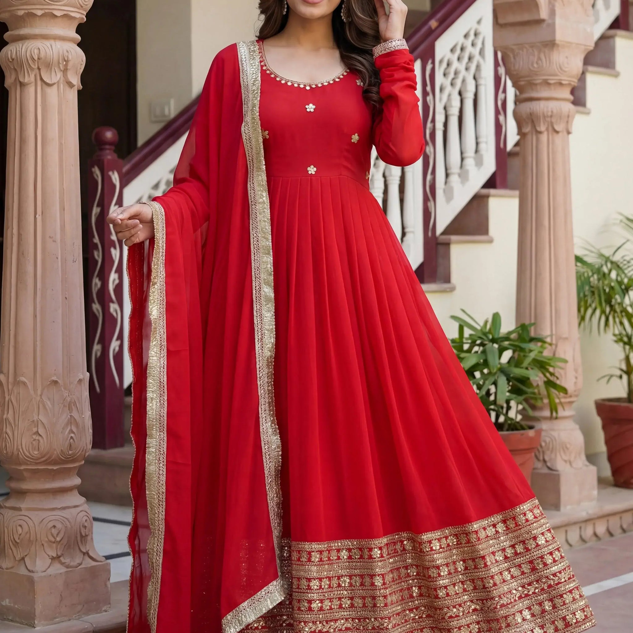 Grand Red Coding Embroidered Georgette Wedding Wear Gown With Dupatta