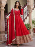 Grand Red Coding Embroidered Georgette Wedding Wear Gown With Dupatta
