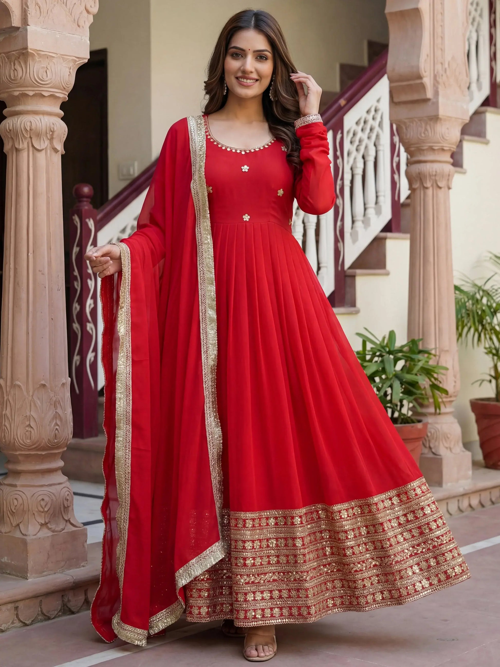 Grand Red Coding Embroidered Georgette Wedding Wear Gown With Dupatta