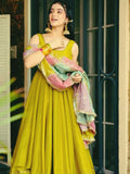 Stellar Olive Green Lace Border Roman Silk Mehendi Wear Anarkali Gown With Dupatta