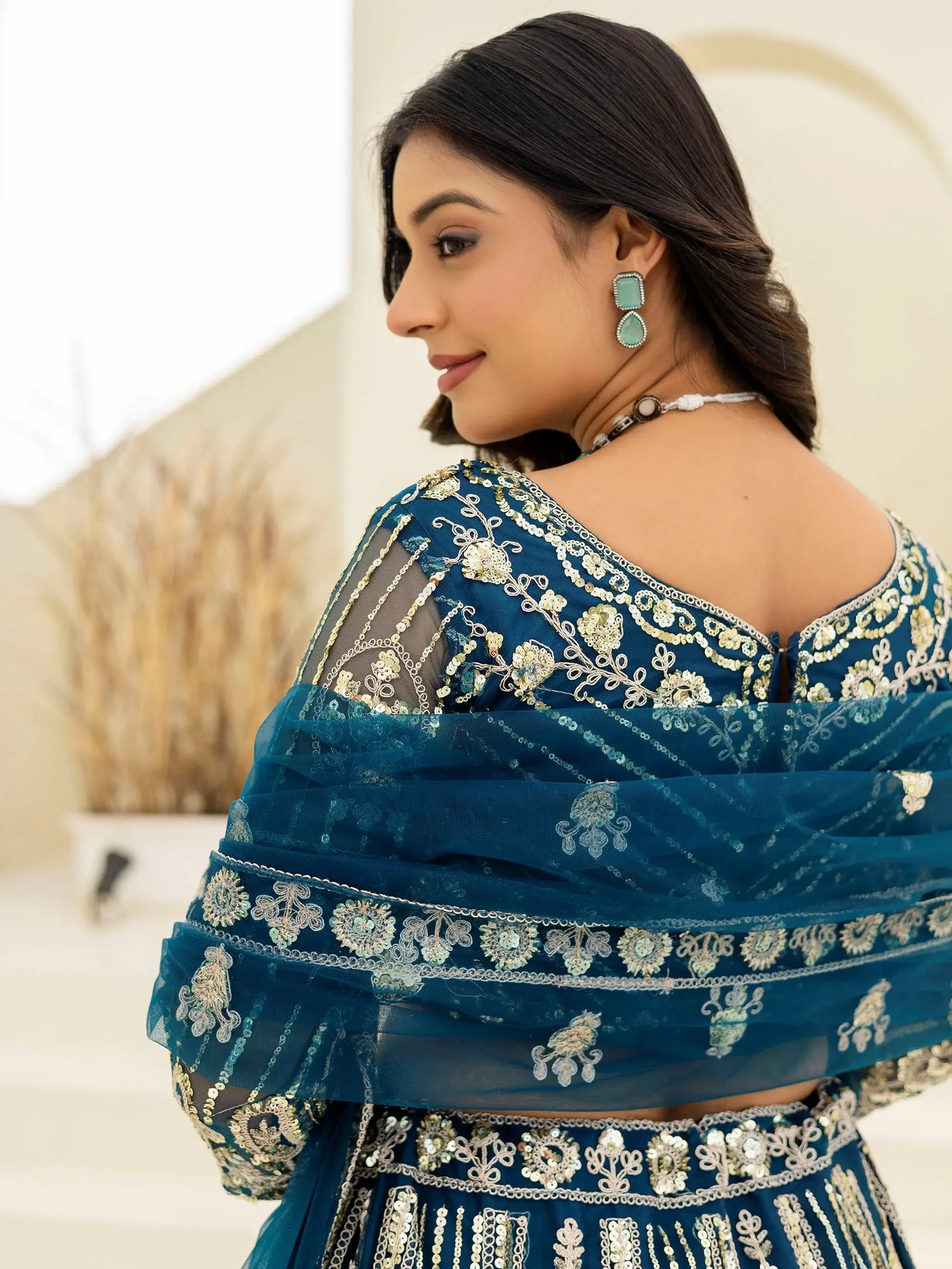 Wonderful Teal Blue Coding Work Net Wedding Wear Lehenga With Blouse