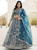 Wonderful Teal Blue Coding Work Net Wedding Wear Lehenga With Blouse