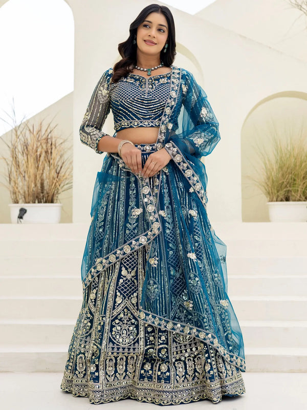 Wonderful Teal Blue Coding Work Net Wedding Wear Lehenga With Blouse
