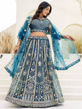 Wonderful Teal Blue Coding Work Net Wedding Wear Lehenga With Blouse