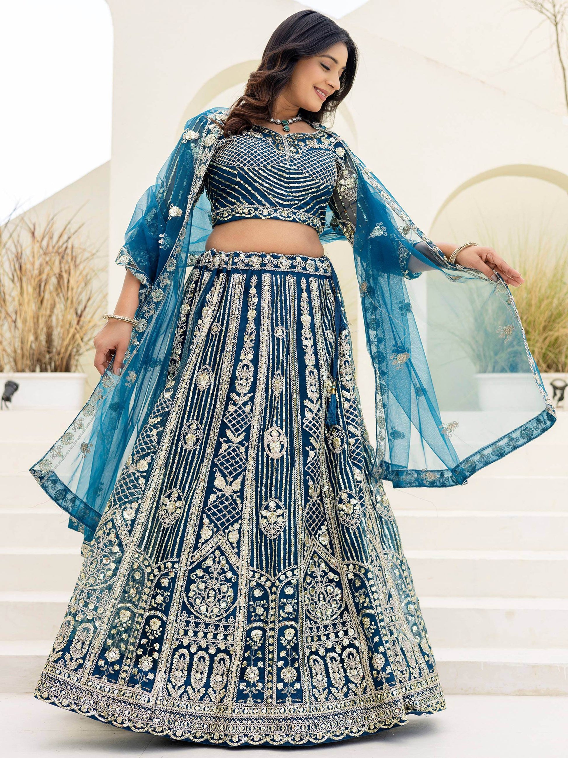 Wonderful Teal Blue Coding Work Net Wedding Wear Lehenga With Blouse