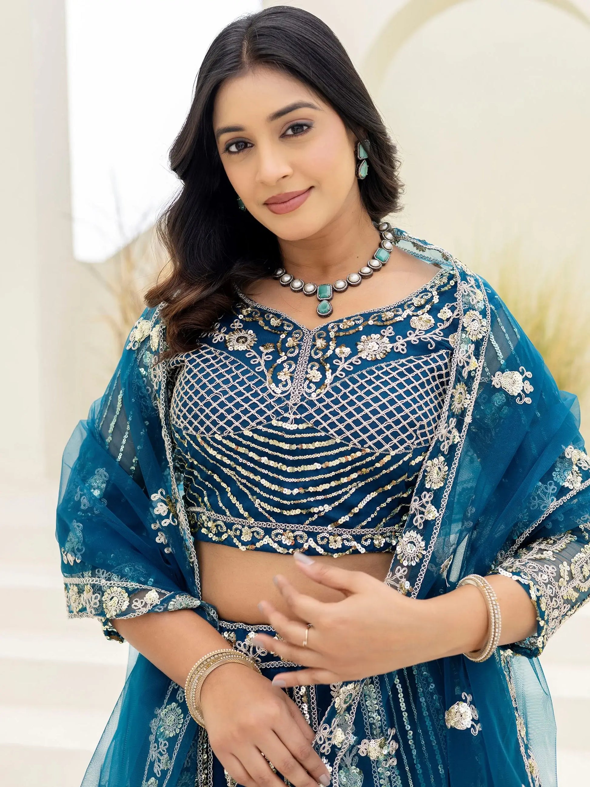 Wonderful Teal Blue Coding Work Net Wedding Wear Lehenga With Blouse