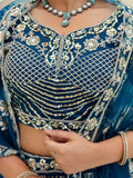 Wonderful Teal Blue Coding Work Net Wedding Wear Lehenga With Blouse