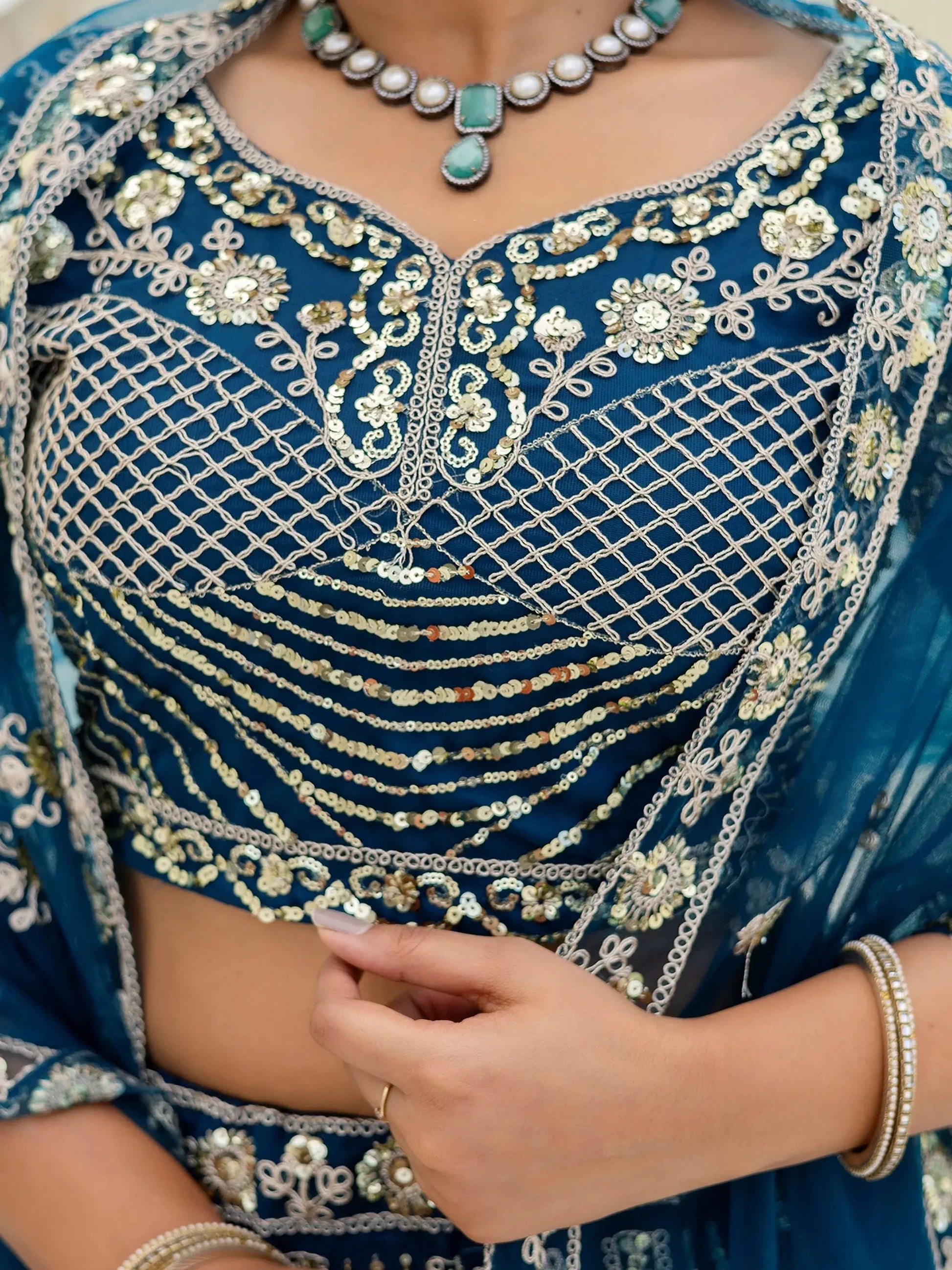 Wonderful Teal Blue Coding Work Net Wedding Wear Lehenga With Blouse