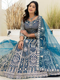 Wonderful Teal Blue Coding Work Net Wedding Wear Lehenga With Blouse