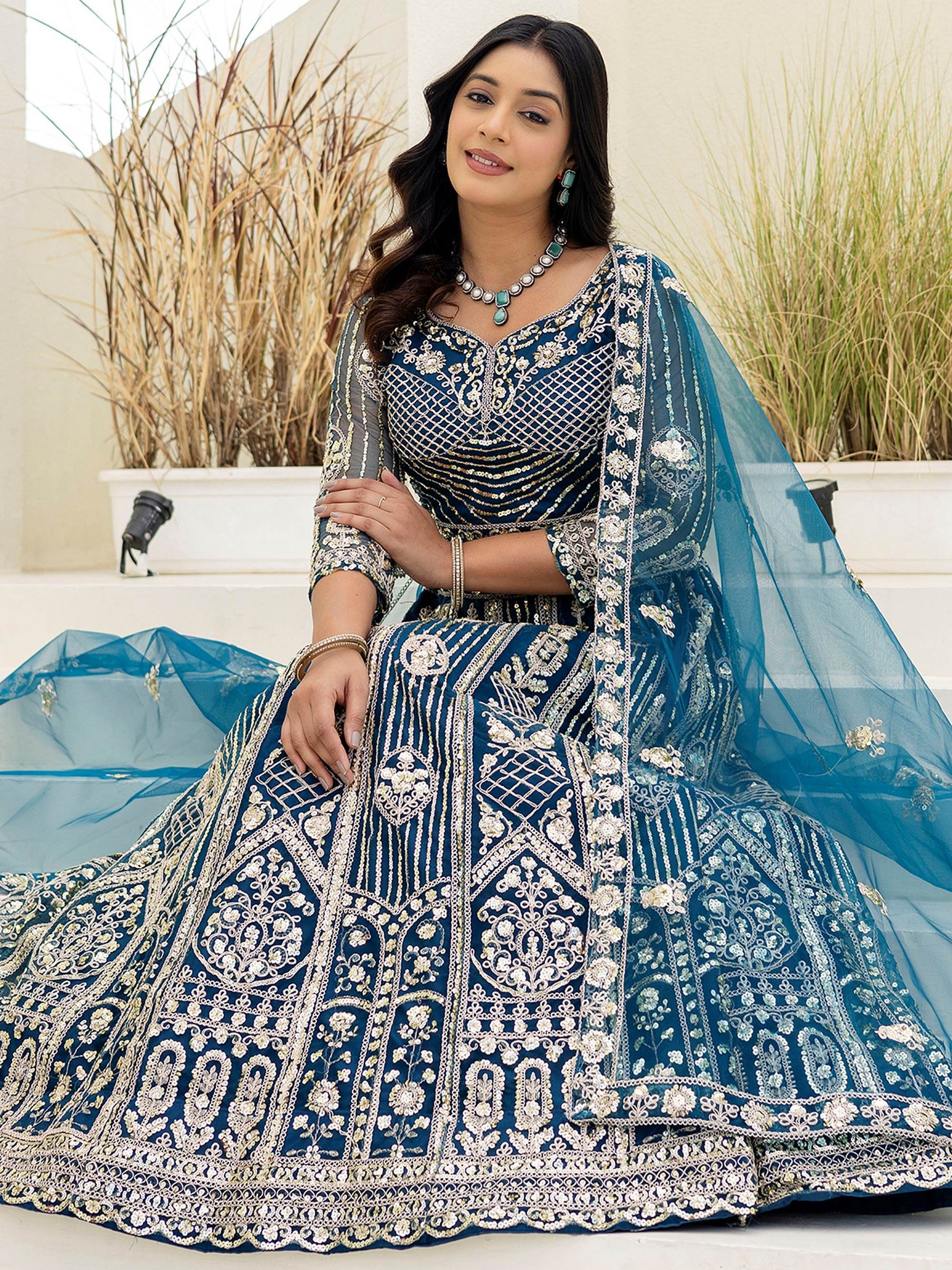 Wonderful Teal Blue Coding Work Net Wedding Wear Lehenga With Blouse