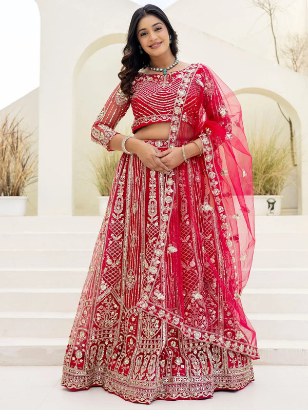 Lovable Red Sequins Net Reception Wear Lehenga Choli With Dupatta