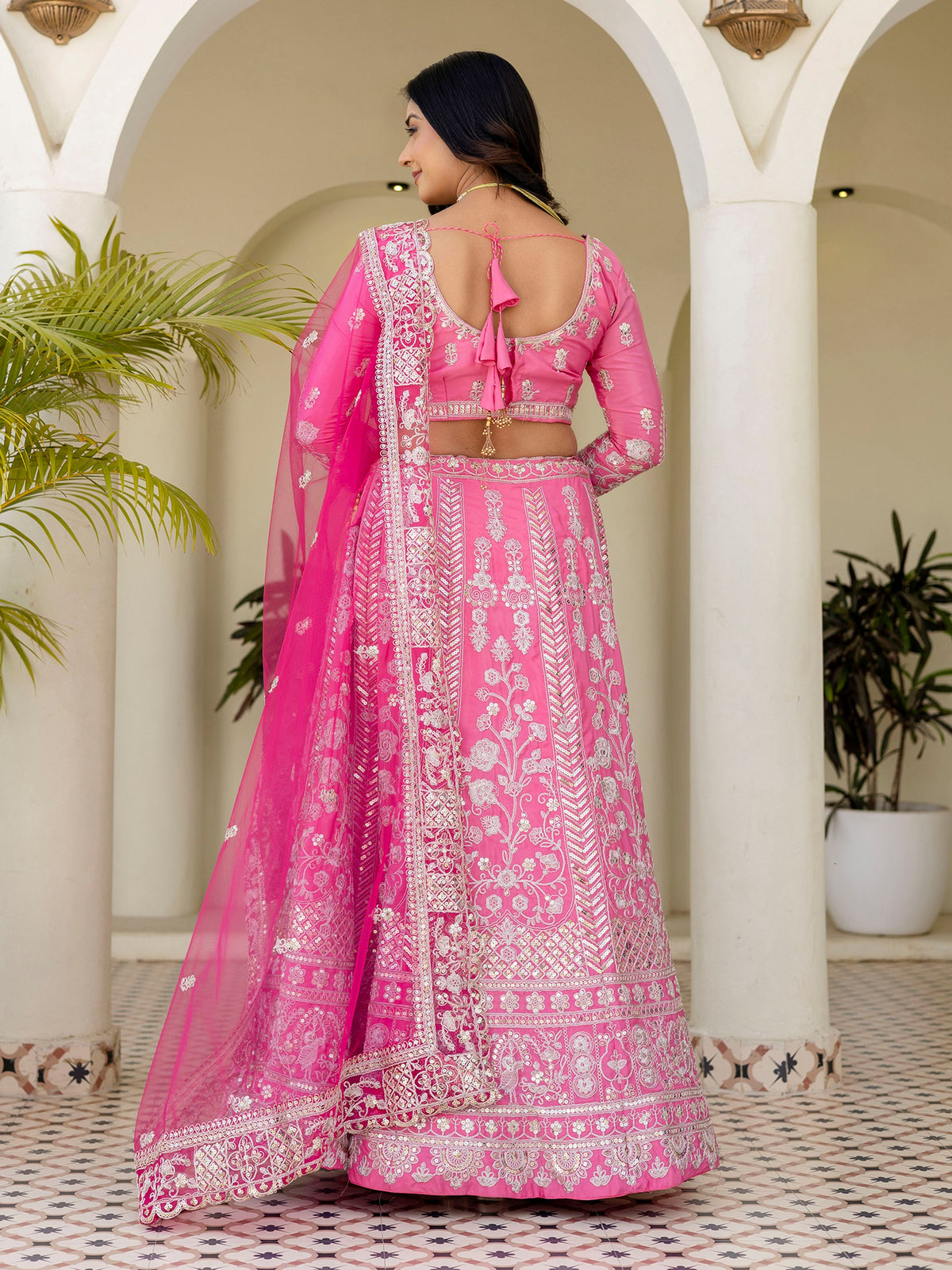Alluring Pink Embroidered Silk Wedding Wear Lehenga Choli