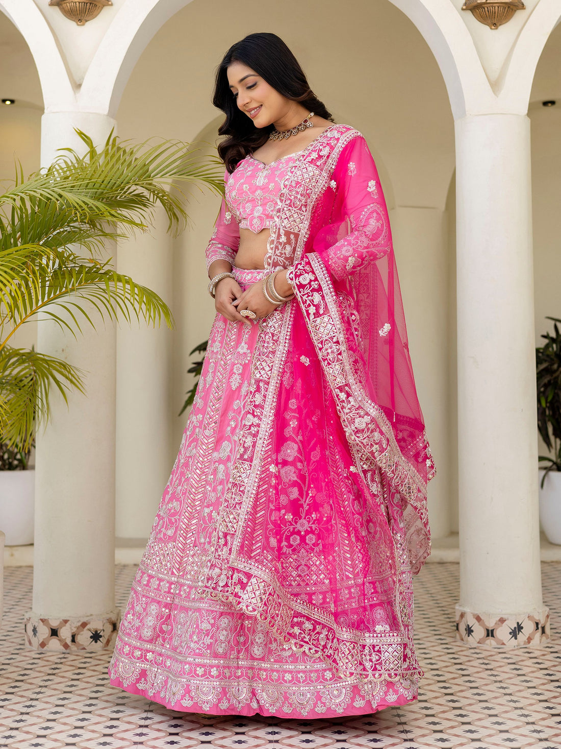 Alluring Pink Embroidered Silk Wedding Wear Lehenga Choli