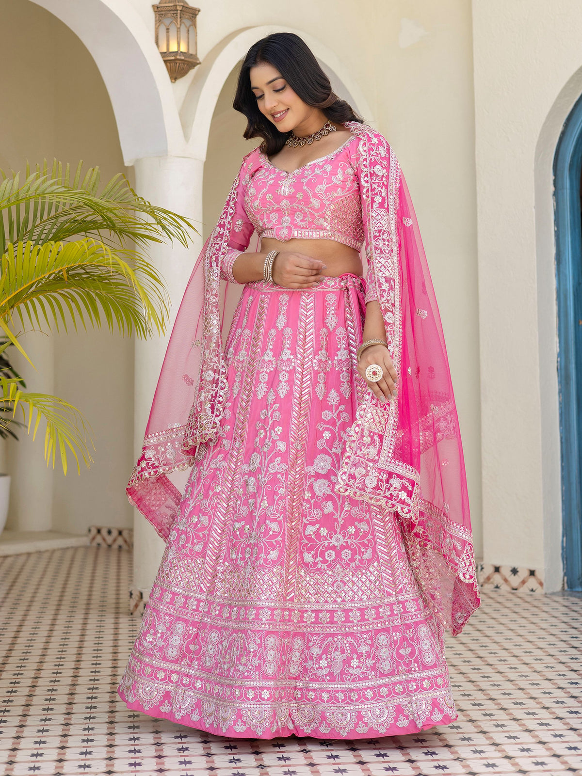 Alluring Pink Embroidered Silk Wedding Wear Lehenga Choli