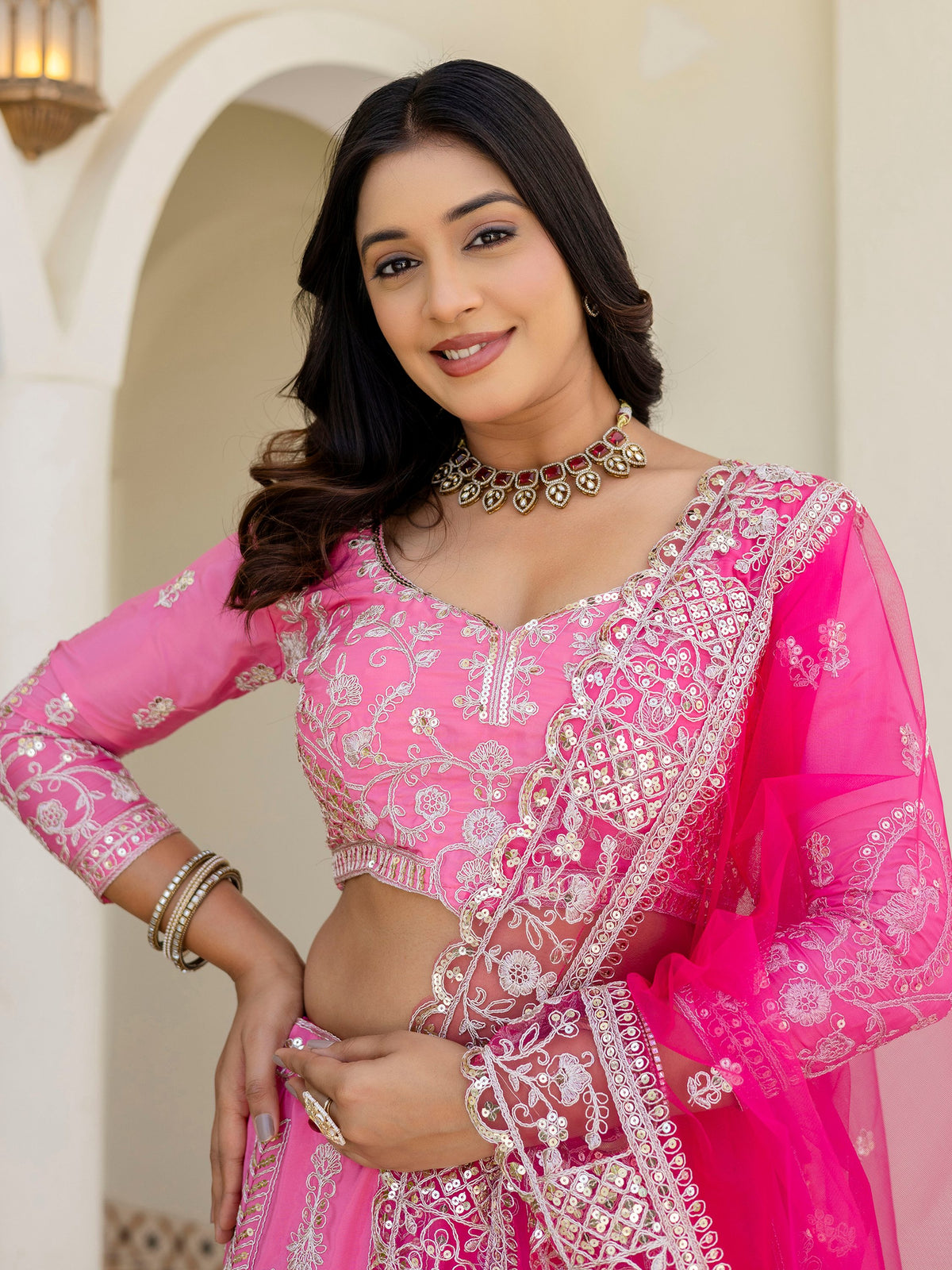 Alluring Pink Embroidered Silk Wedding Wear Lehenga Choli