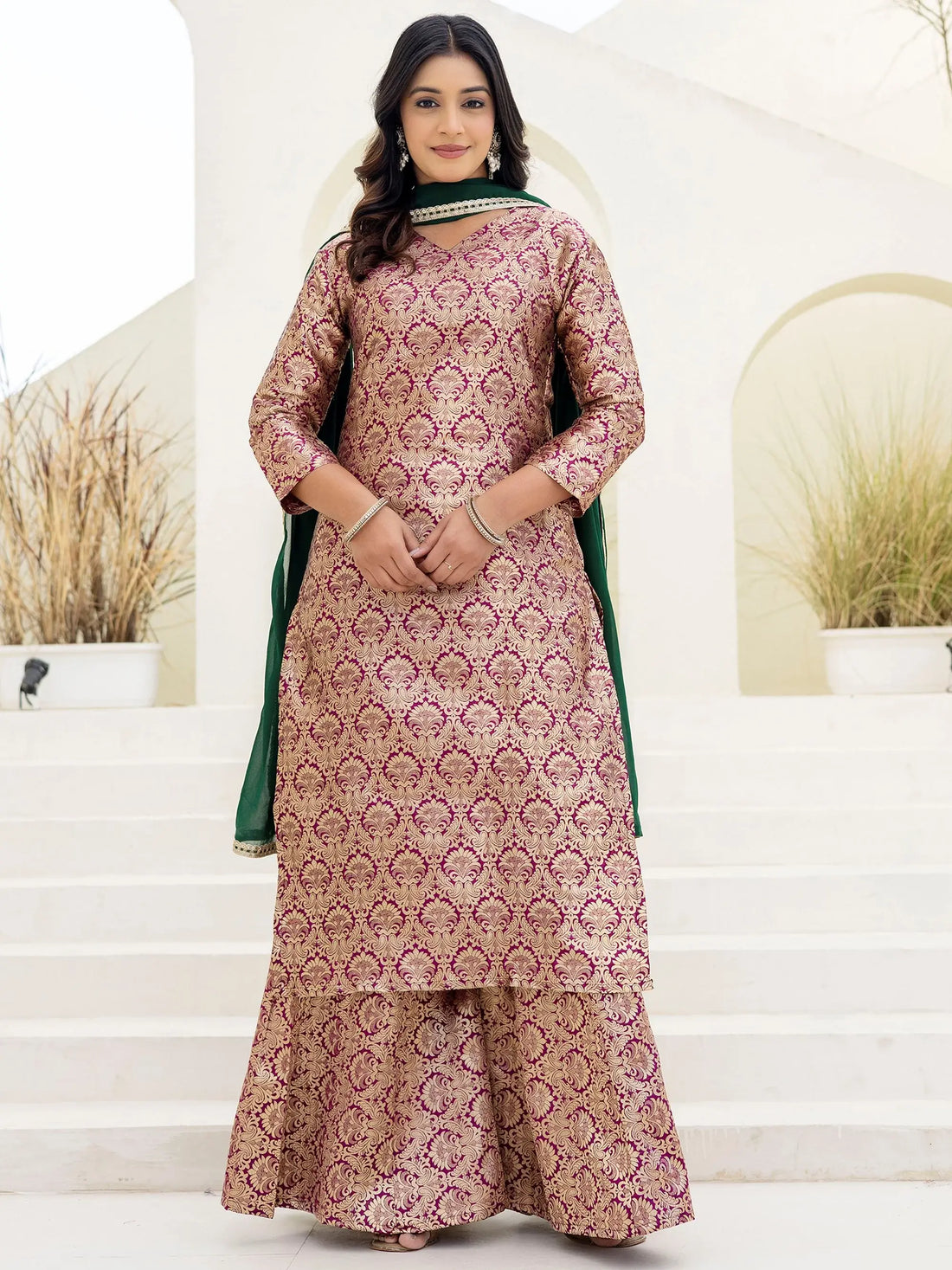 Alluring Brown Zari Weaving Jacquard Wedding Wear Sharara Suit