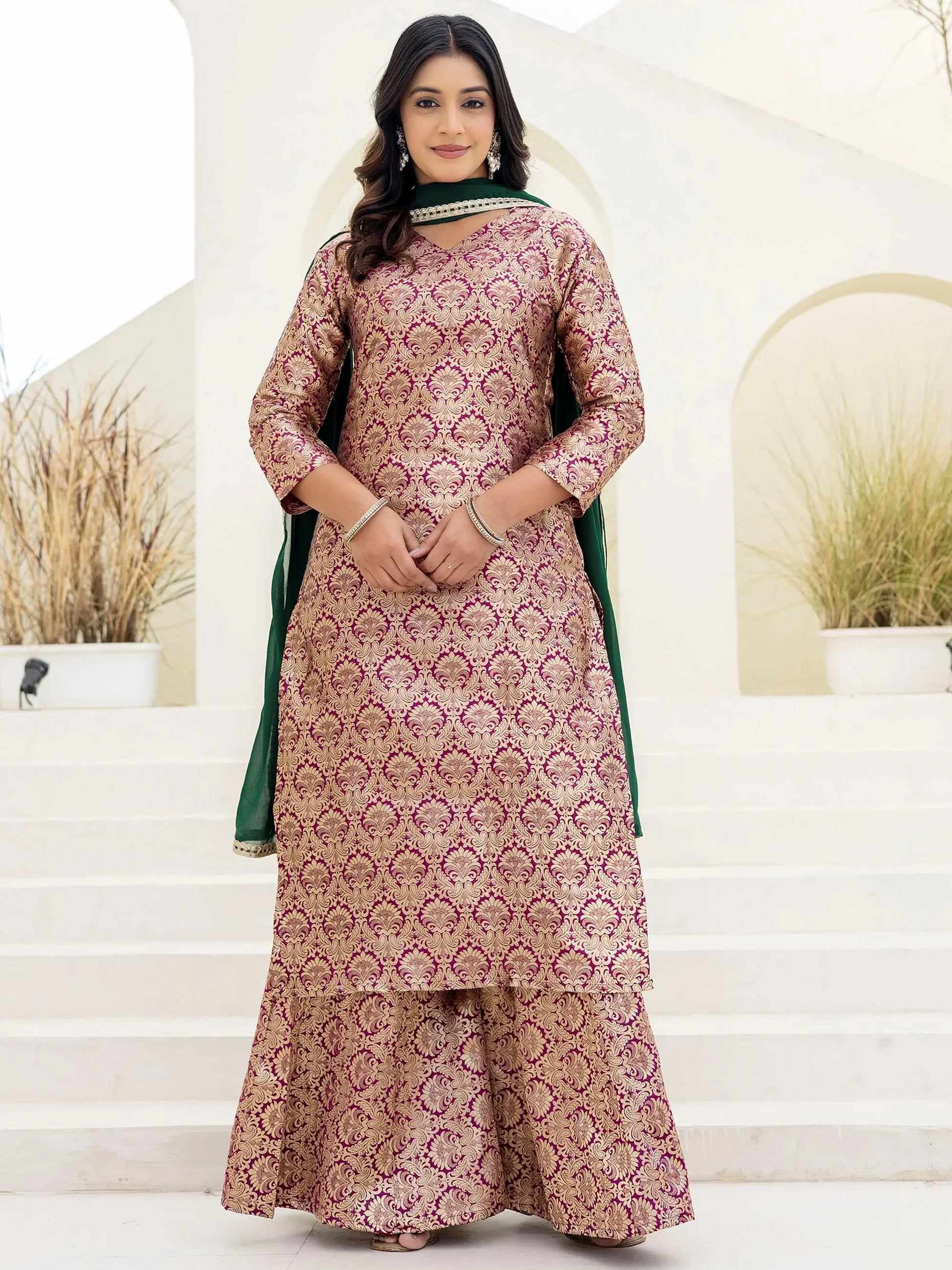 Alluring Brown Zari Weaving Jacquard Wedding Wear Sharara Suit