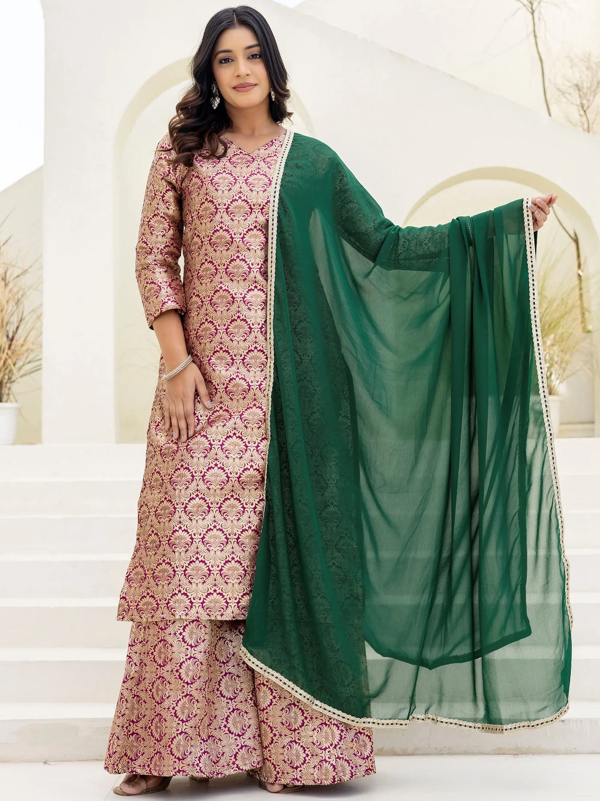 Alluring Brown Zari Weaving Jacquard Wedding Wear Sharara Suit