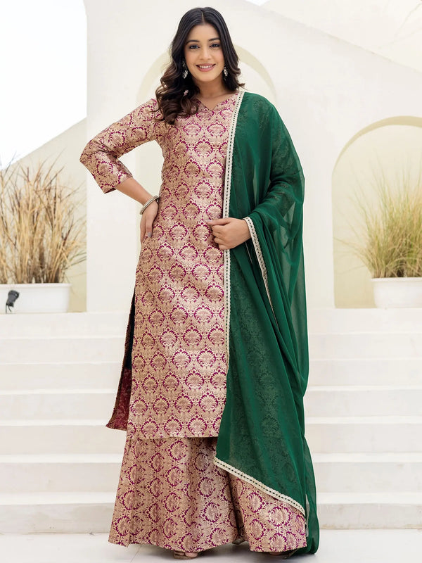 Alluring Brown Zari Weaving Jacquard Wedding Wear Sharara Suit