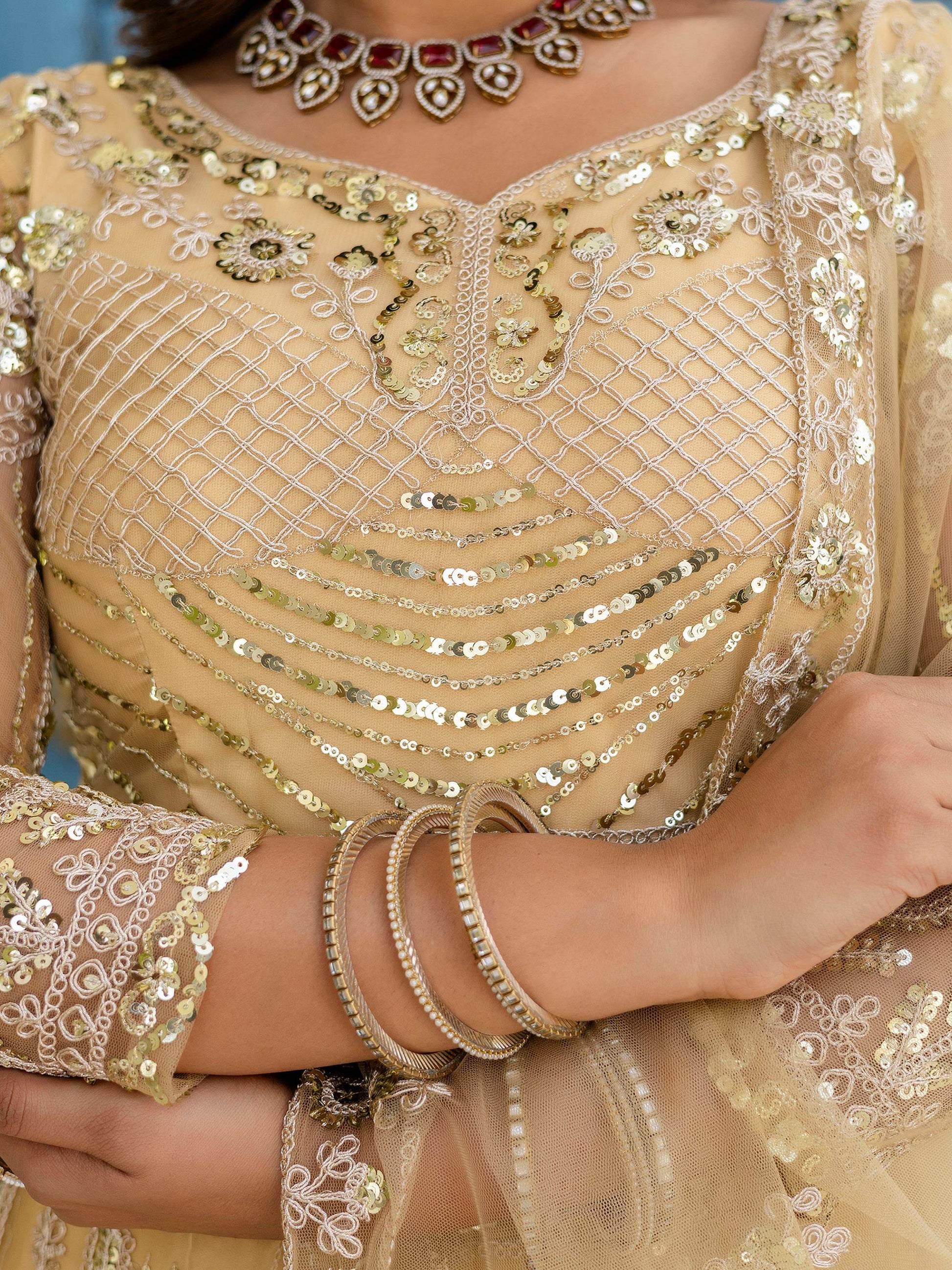 Incredible Cream Sequins Net Party Wear Lehenga Choli With Dupatta