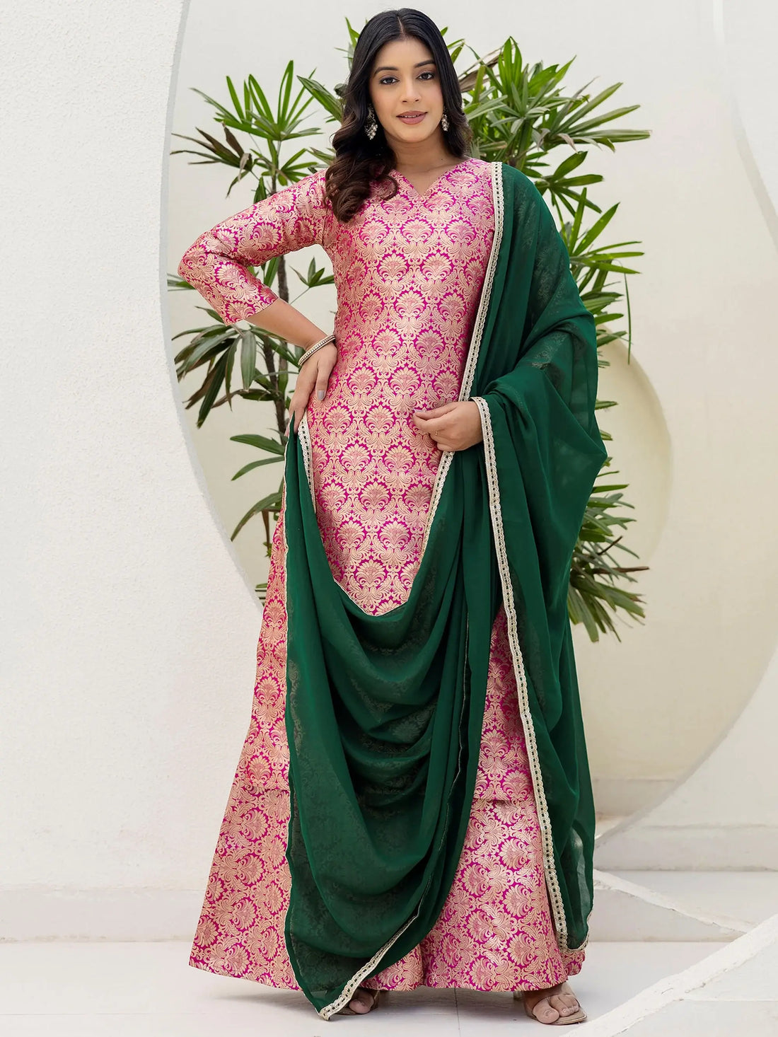 Precious Pink Zari Weaving Jacquard Festive Wear Sharara Suit