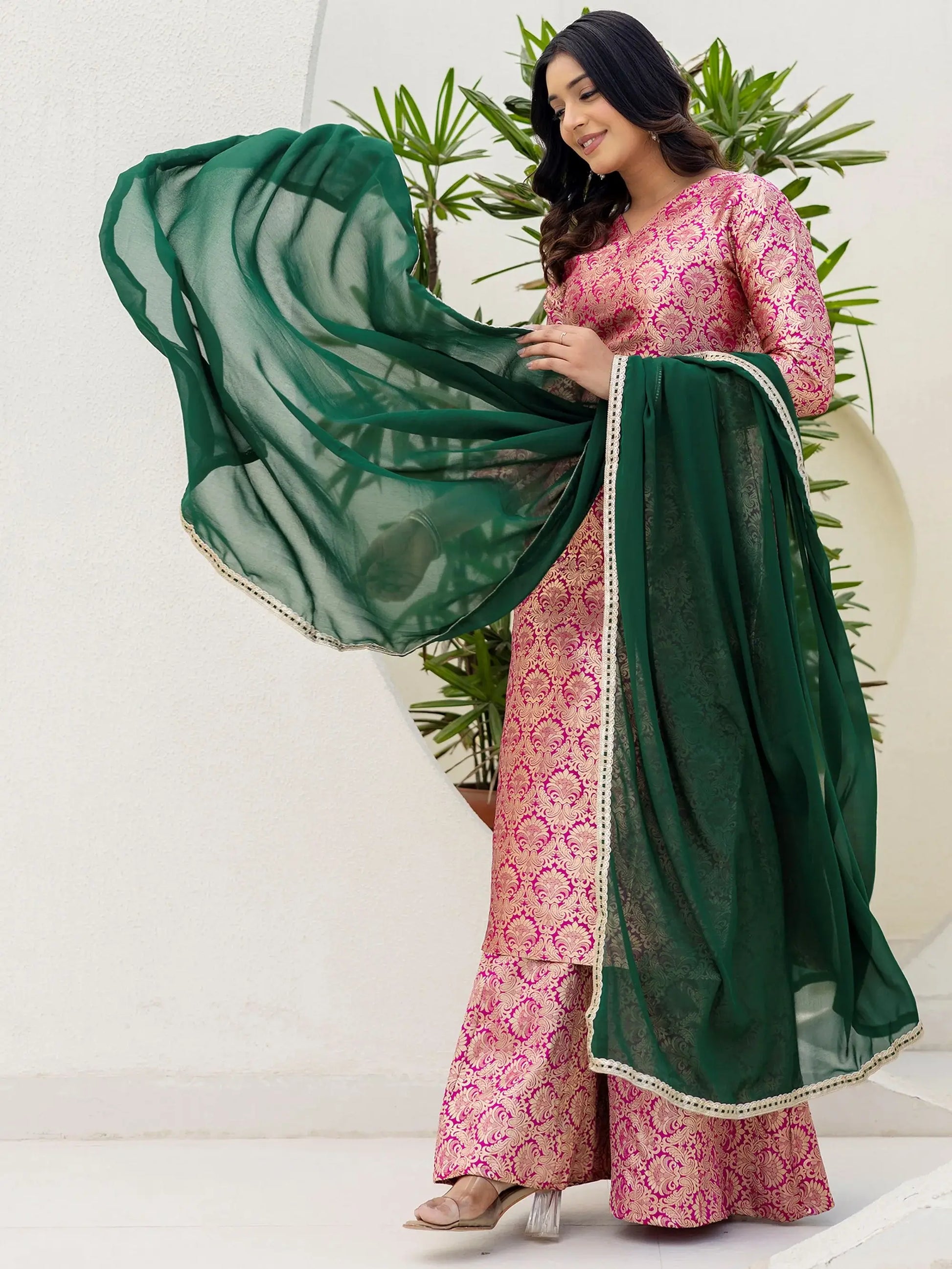 Precious Pink Zari Weaving Jacquard Festive Wear Sharara Suit