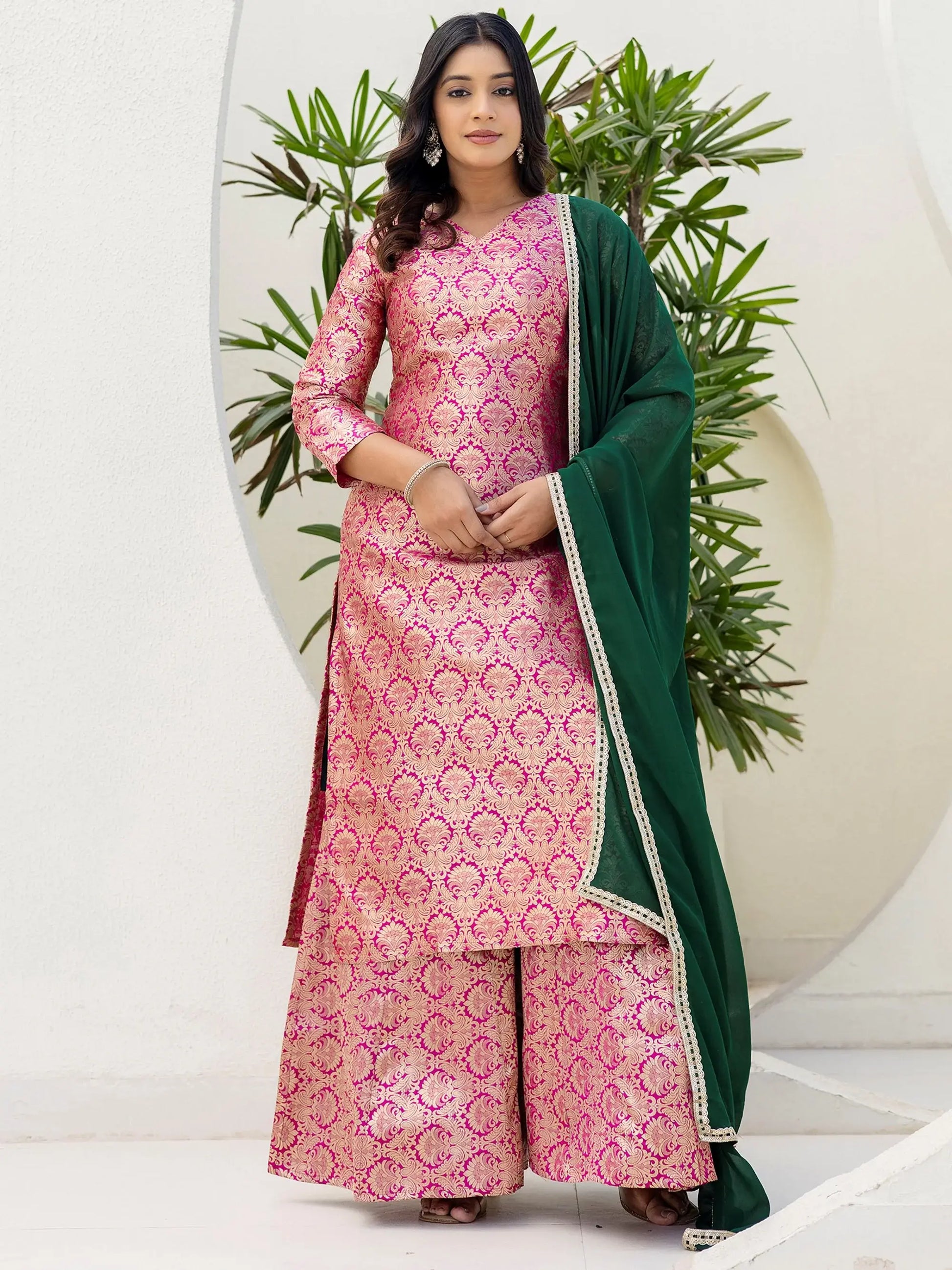 Precious Pink Zari Weaving Jacquard Festive Wear Sharara Suit
