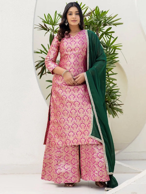 Precious Pink Zari Weaving Jacquard Festive Wear Sharara Suit