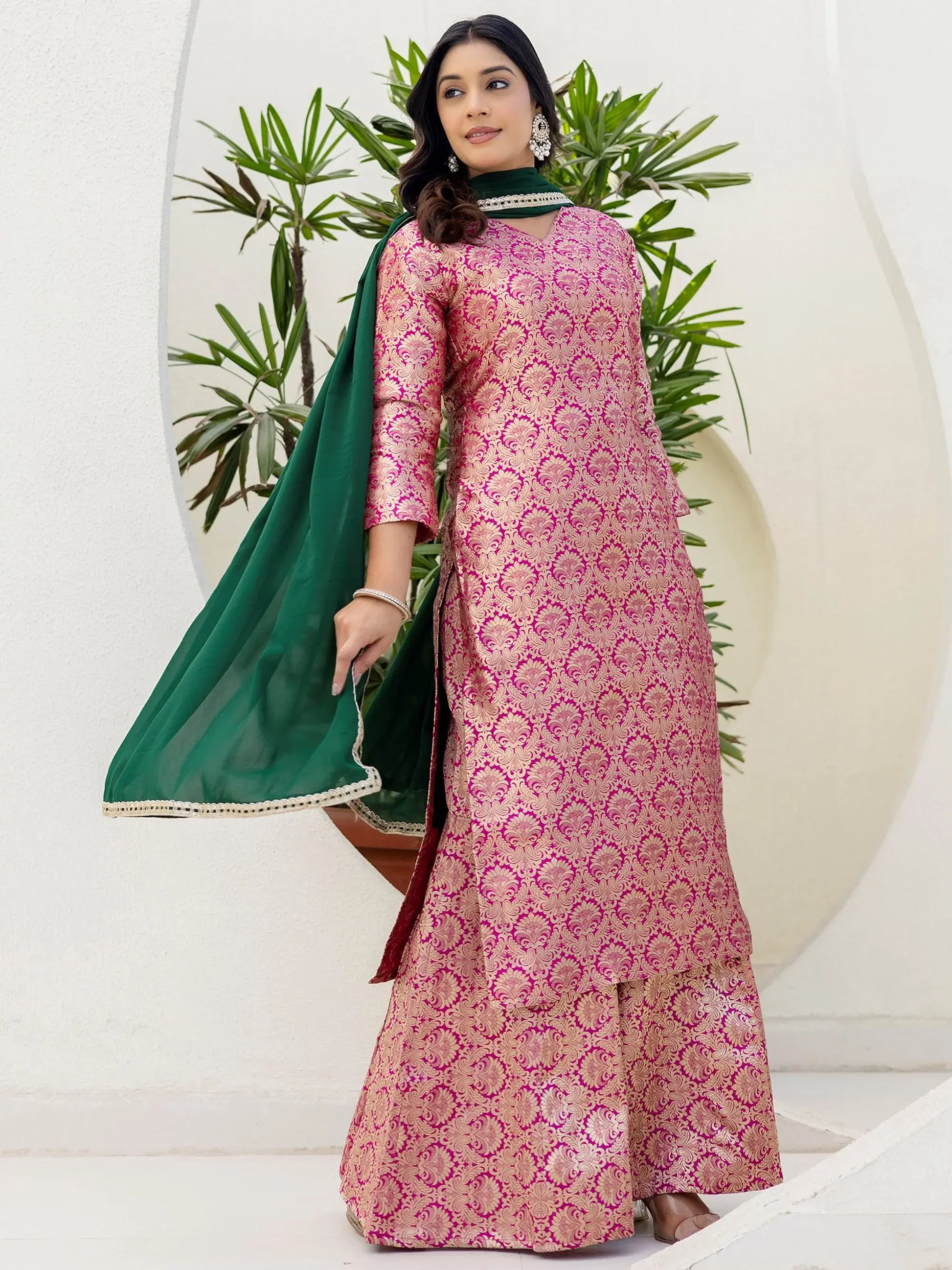 Precious Pink Zari Weaving Jacquard Festive Wear Sharara Suit