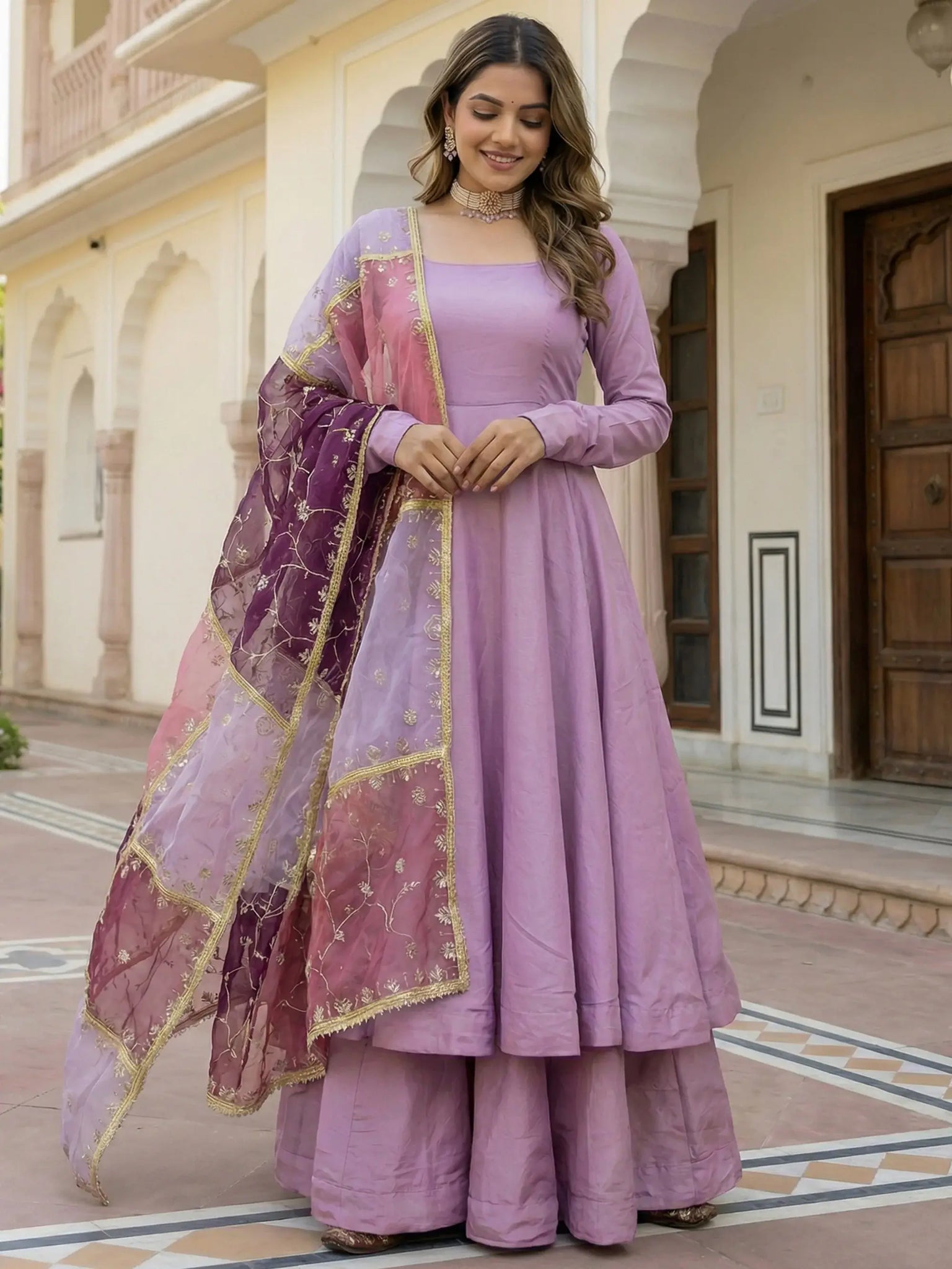 Spectacular Lavender Silk Evening Wear Palazzo Suit With Embroidered Dupatta