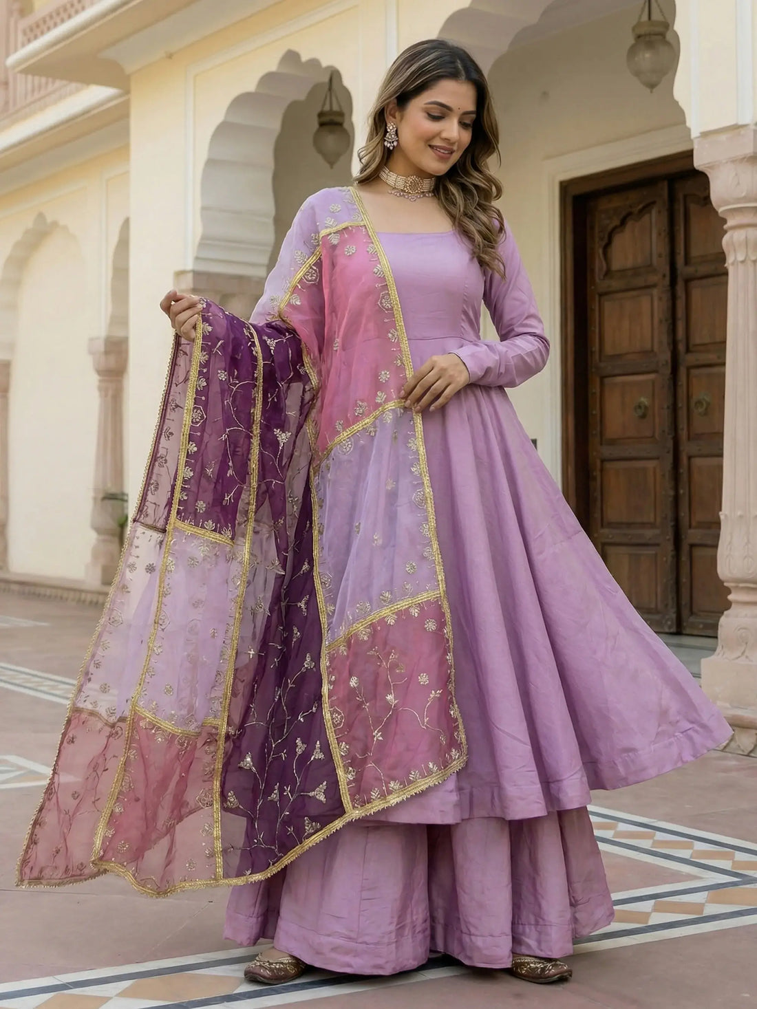 Spectacular Lavender Silk Evening Wear Palazzo Suit With Embroidered Dupatta
