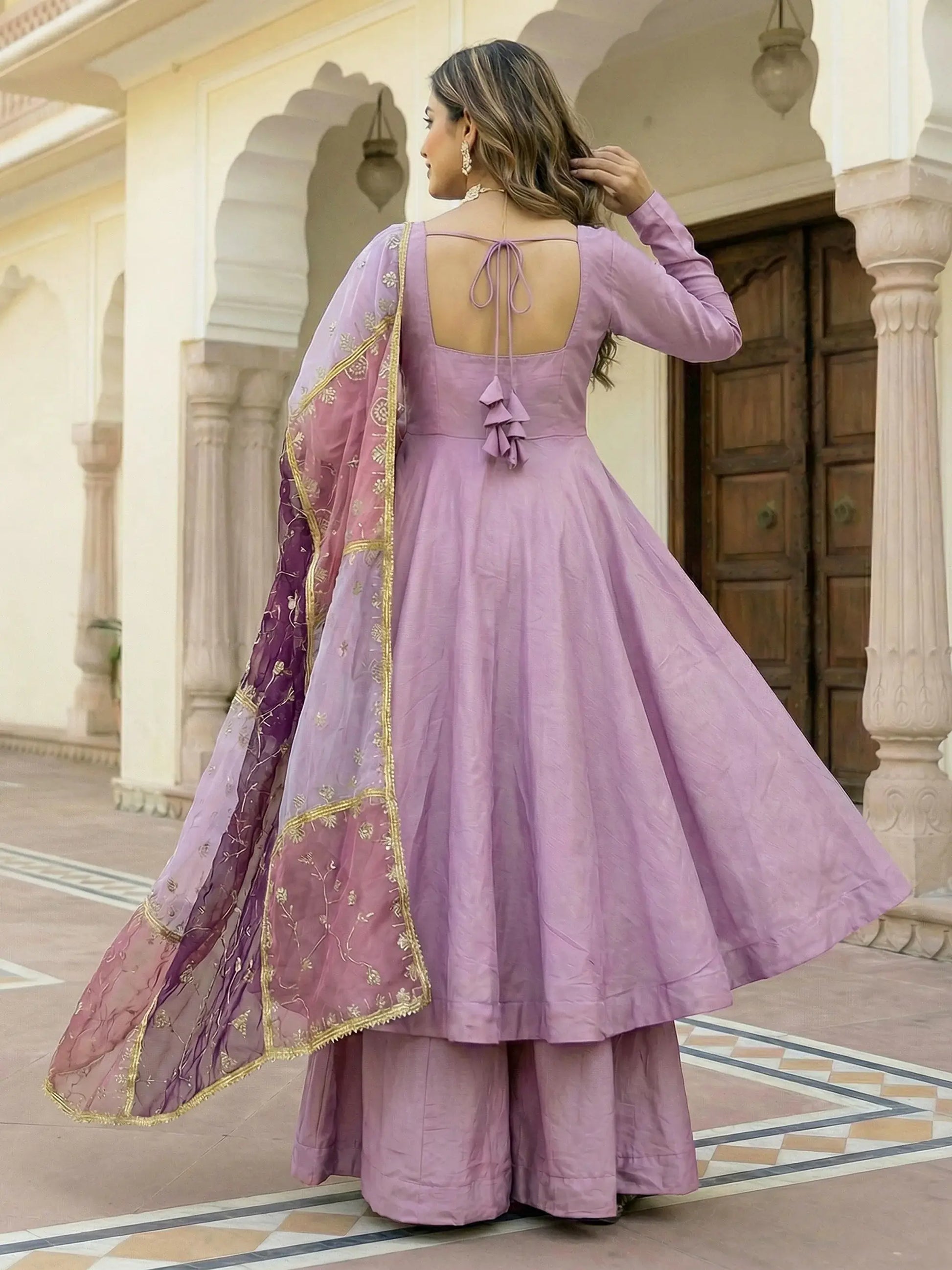 Spectacular Lavender Silk Evening Wear Palazzo Suit With Embroidered Dupatta