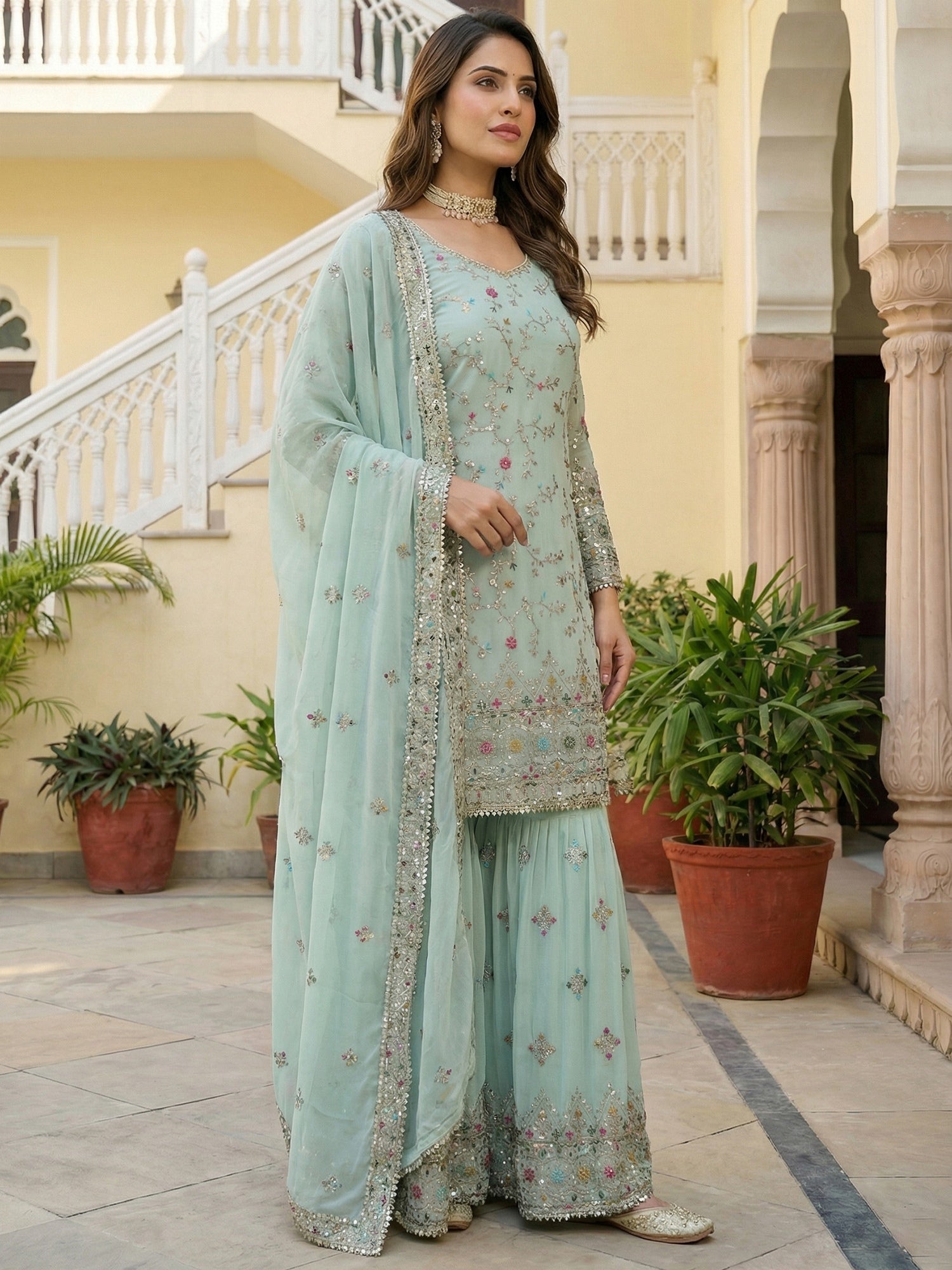 Phenomenal Blue Zari Embroidered Georgette Festive Wear Sharara Suit