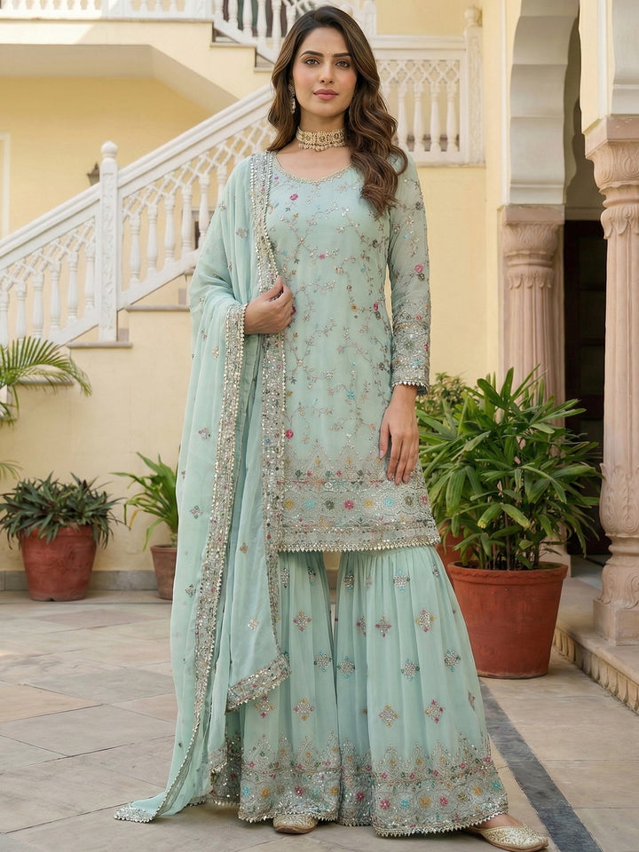 Phenomenal Blue Zari Embroidered Georgette Festive Wear Sharara Suit