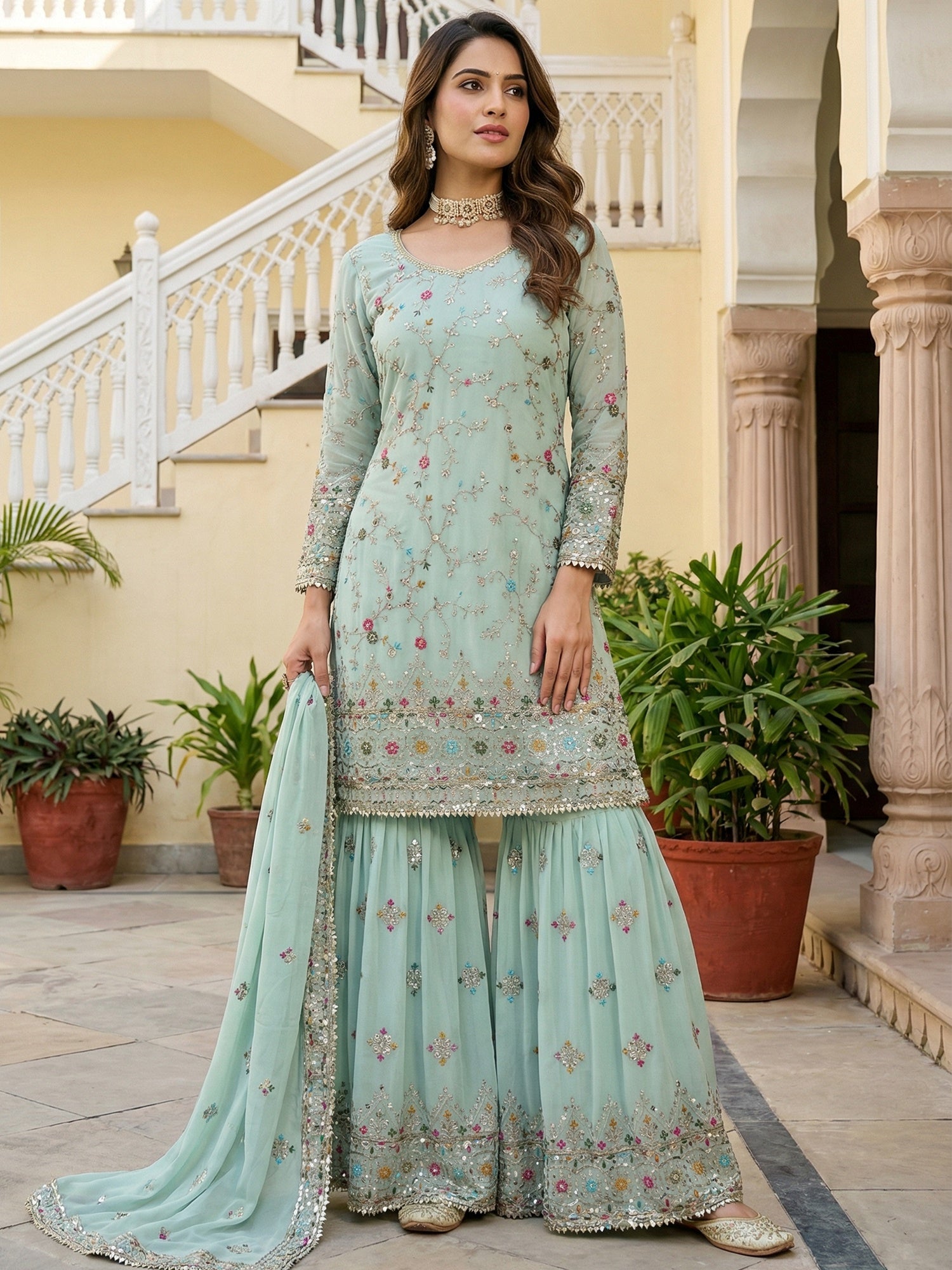 Phenomenal Blue Zari Embroidered Georgette Festive Wear Sharara Suit