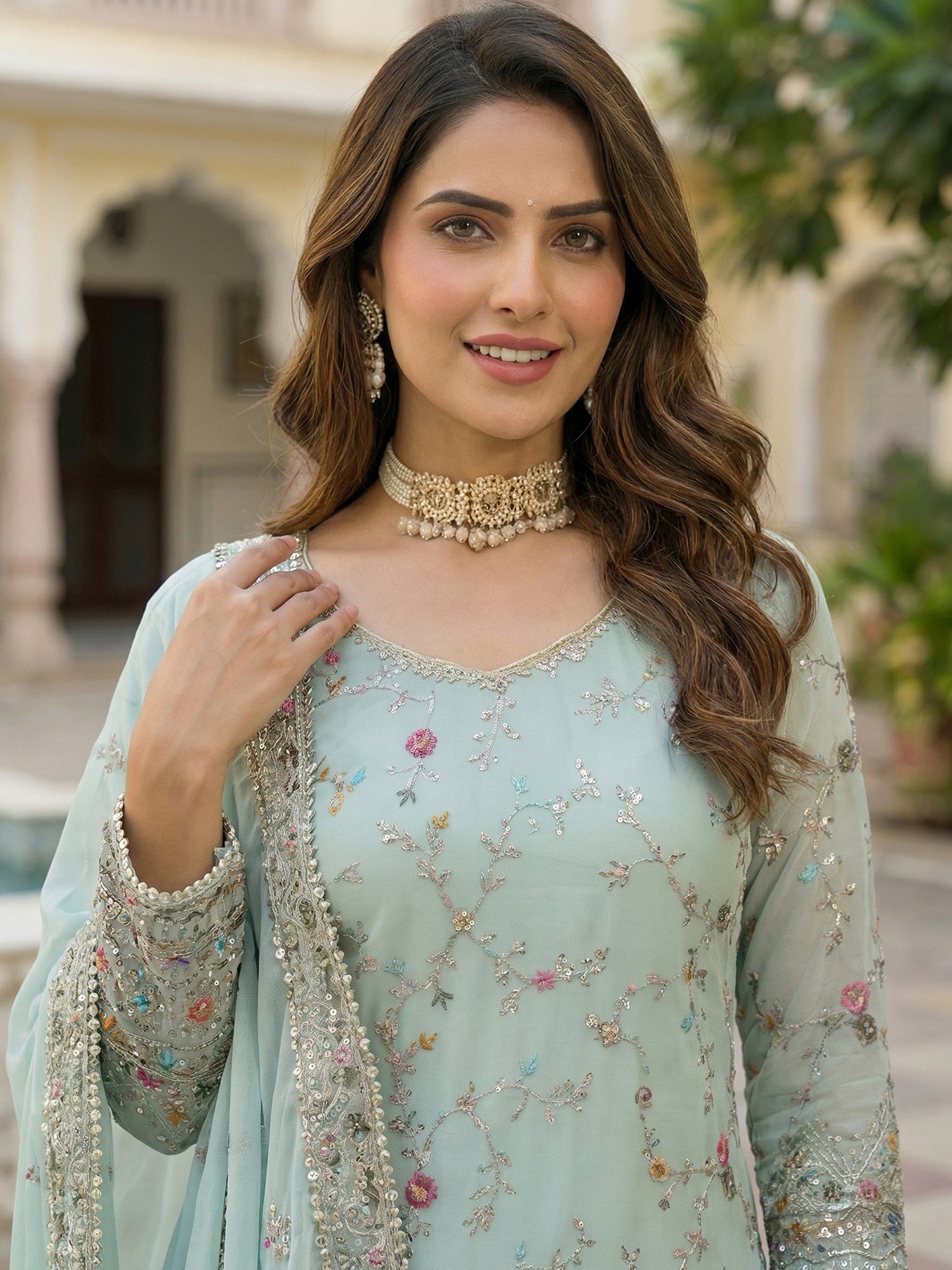 Phenomenal Blue Zari Embroidered Georgette Festive Wear Sharara Suit