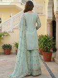 Phenomenal Blue Zari Embroidered Georgette Festive Wear Sharara Suit