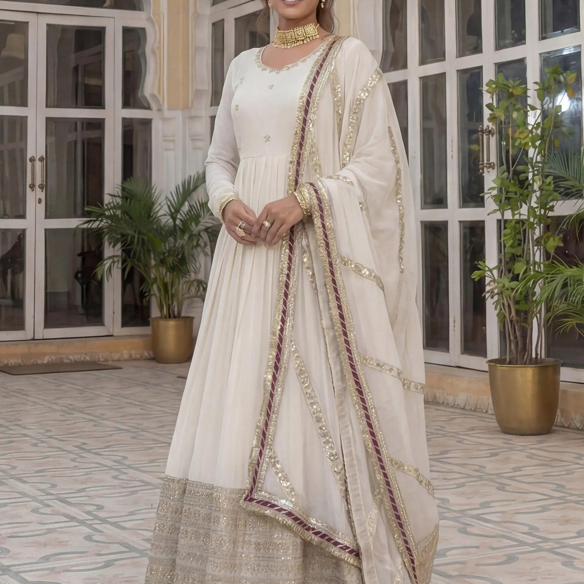 Stunning White Coding Work Chinon Silk Engagement Wear Gown With Dupatta