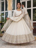 Stunning White Coding Work Chinon Silk Engagement Wear Gown With Dupatta