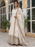 Stunning White Coding Work Chinon Silk Engagement Wear Gown With Dupatta