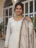 Stunning White Coding Work Chinon Silk Engagement Wear Gown With Dupatta