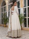 Stunning White Coding Work Chinon Silk Engagement Wear Gown With Dupatta