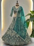 Charming Teal Green Sequins Work Net Wedding Wear Lehenga Choli With Dupatta