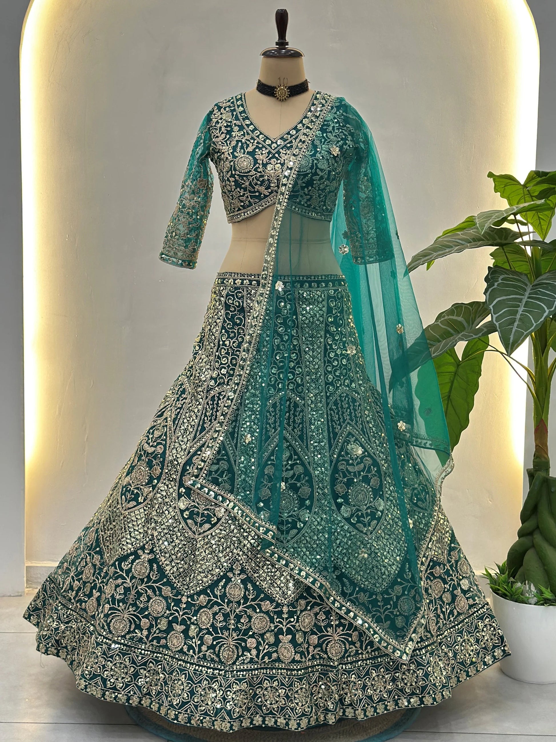 Charming Teal Green Sequins Work Net Wedding Wear Lehenga Choli With Dupatta