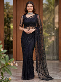 Beautiful Black Sequins Net Reception Wear Saree With Blouse