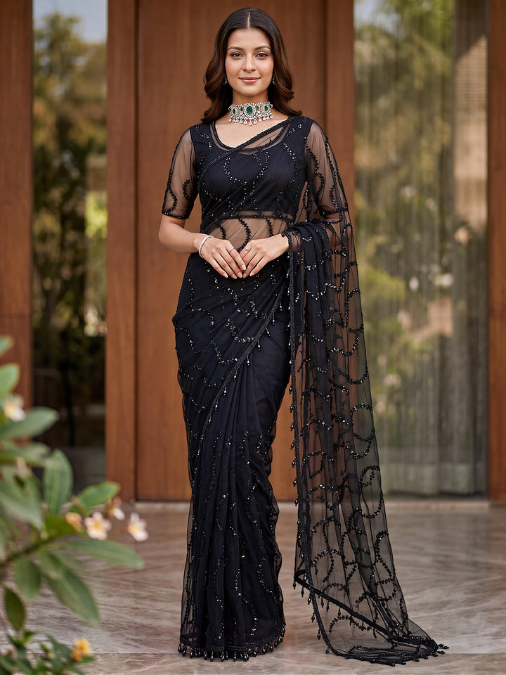 Beautiful Black Sequins Net Reception Wear Saree With Blouse