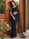 Beautiful Black Sequins Net Reception Wear Saree With Blouse