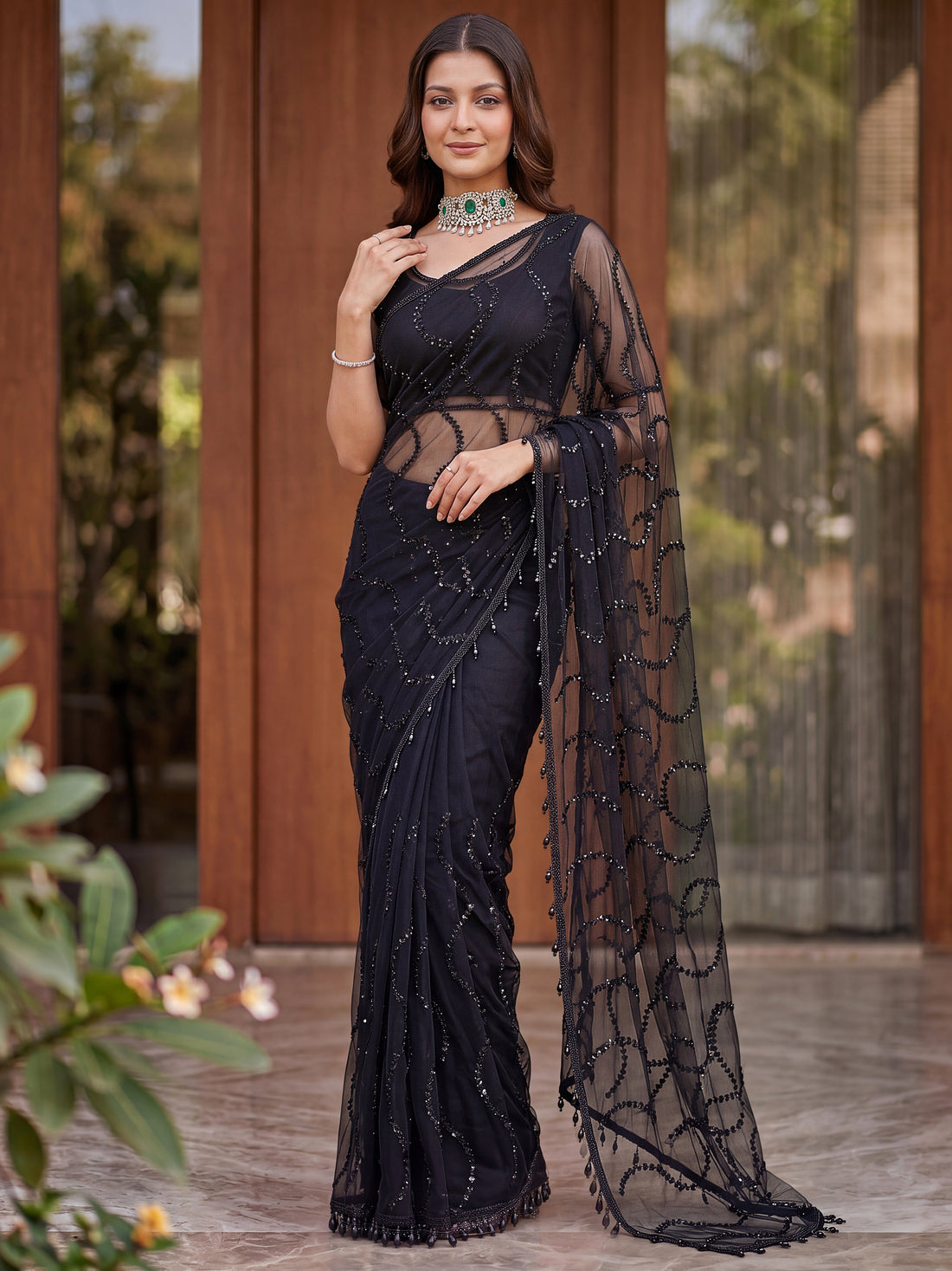 Beautiful Black Sequins Net Reception Wear Saree With Blouse